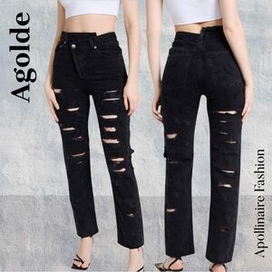 Agolde Criss Cross Straight Jeans Feverish Distressed In Black NWT
